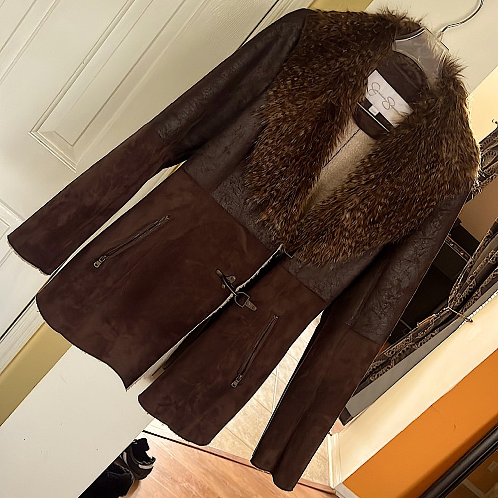 Womens Coat NEVER WORN! Small Jessica Simpson Brown Faux Suede Faux Fur Sherpa